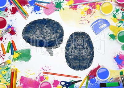 Brains with various watercolor and pencils on white background