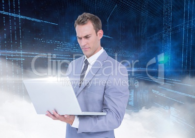 Businessman using laptop against digitally generated background