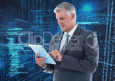 Businessman using digital tablet against binary background