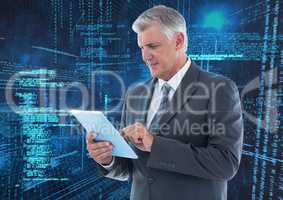 Businessman using digital tablet against binary background