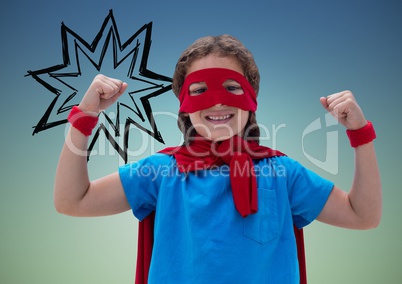 Smiling girl wearing superhero costume against digitally generated background
