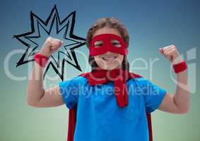 Smiling girl wearing superhero costume against digitally generated background