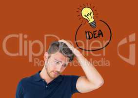 Confused man with hand on head against background with bulb and ideas in text