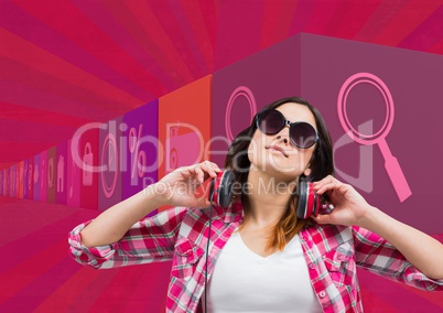 Digital composite image of girl using headphones