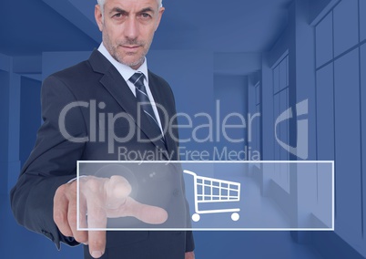 Businessman touching shopping cart icon on interface screen
