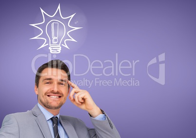 Thoughtful businessman with light bulb against purple background