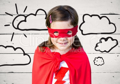 Portrait of girl in red cape and mask smiling against wooden background