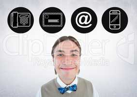 Smiling man with application icons above his head