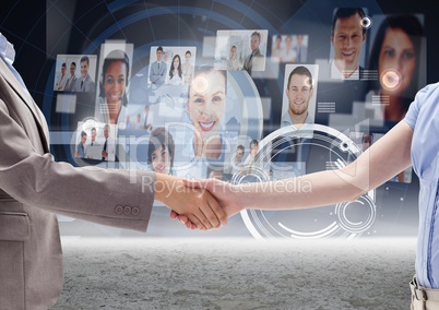 Business professionals shaking hands against profile picture interface in background