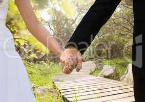 Newly wed couple holding hands in the park