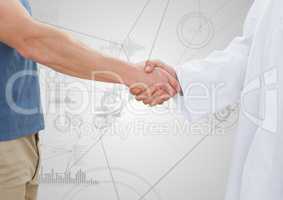 Man shaking hands with doctor against medical background