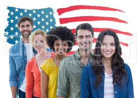 Group of happy people standing against American flag