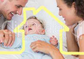 Father and mother with baby overlaid with house shape