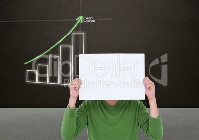 Woman holding blank sheet of paper in front of her face with bar chart in background