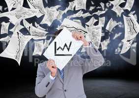Businessman holding placard with business graphics