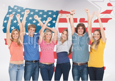 Friends celebrating against american flag in background