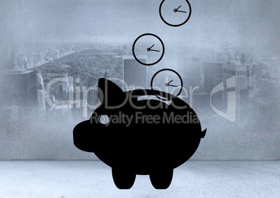 Digitally generated image of piggy bank and clock