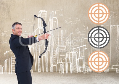 Successful businessman aiming target with bow and arrow