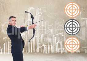 Successful businessman aiming target with bow and arrow