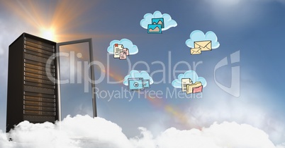 Conceptual image showing servers and cloud computing against sky