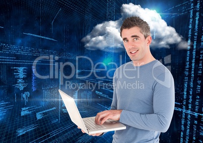 Smiling man using laptop against web binary code background