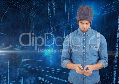Man using mobile phone with binary codes on blue background
