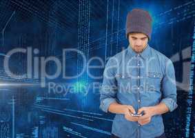 Man using mobile phone with binary codes on blue background