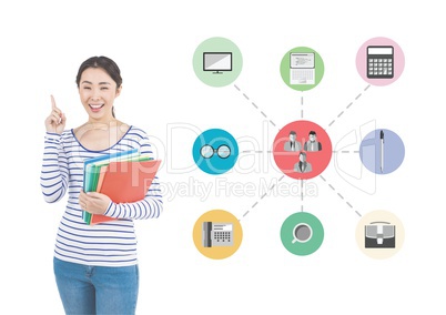 Woman holding stack of books with various applications