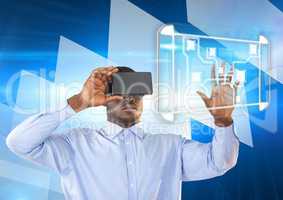 Businessman touching interface screen while using virtual reality headset