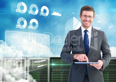 Smiling businessman using digital tablet against digitally generated background