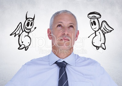 Thoughtful businessman with angel and devil doodle in background