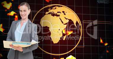 Businesswoman holding files against word map