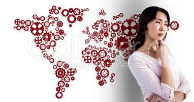 Thoughtful woman against digitally generated world map background