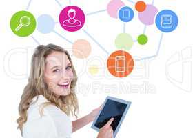 Digital composite image of a woman using digital tablet with socializing concept