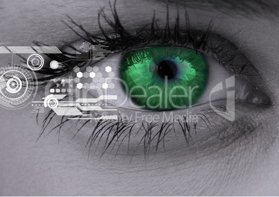 Woman green eyes with interface screen
