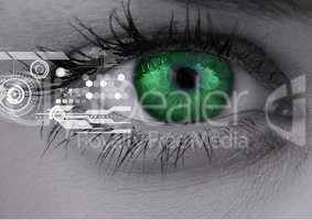 Woman green eyes with interface screen