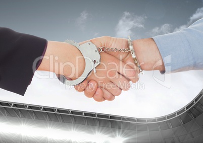 Digital composite image of business professional shaking hands with hand cuffs