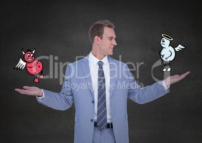 Businessman standing between the good and bad conscience