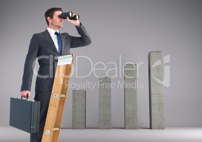 Businessman looking through binoculars while standing on ladder against bar graph in backgrou