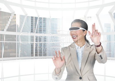 Woman pretending to touch while wearing virtual reality headset