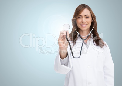 Doctor examining with stethoscope against grey background