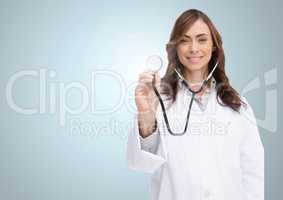 Doctor examining with stethoscope against grey background