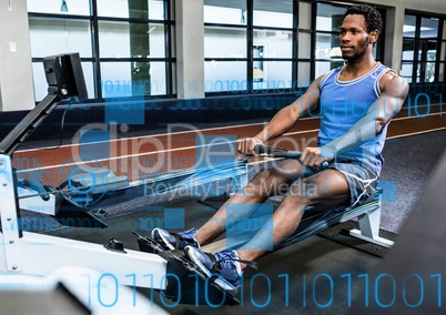 Man exercising in gym and fitness interface