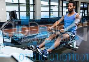 Man exercising in gym and fitness interface