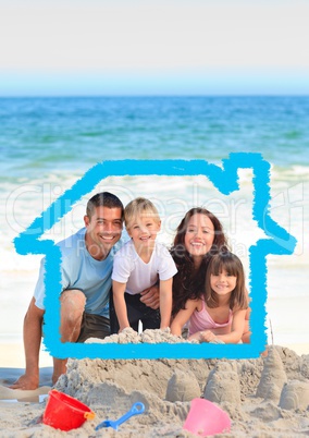 Family and dog on the beach against home outline in background