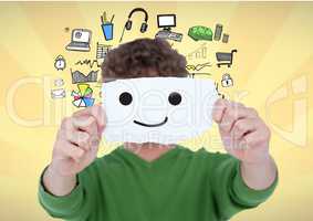 Digital composite image of man covering his face with smiley on paper