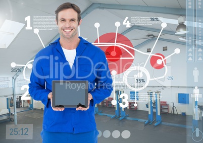 Mechanic holding a digital tablet against digital interface in workshop