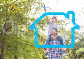 Home outline with father carrying his son on shoulders