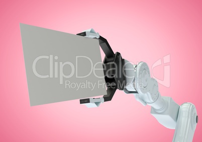 Robot holding blank placard against pink background