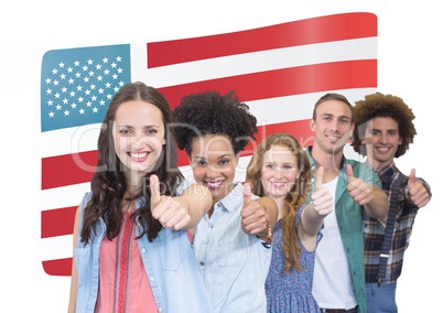 Portrait of smiling people showing thumbs up against usa flag